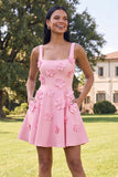 Square Neck Black Floral A Line Homecoming Dress
