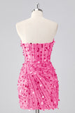 Fuchsia Corset Strapless Beaded Homecoming Dress with Sequins