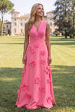 A Line V-Neck Fuchsia and Red Maxi Formal Dress With 3D Flowers