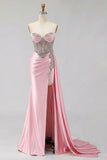 Sweetheart Mermaid Mint Green Beaded Satin Prom Dress With Slit