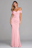Terracotta Sheath Ruched Off The Shoulder Formal Dress