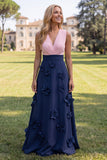 A Line V-Neck Fuchsia and Red Maxi Formal Dress With 3D Flowers