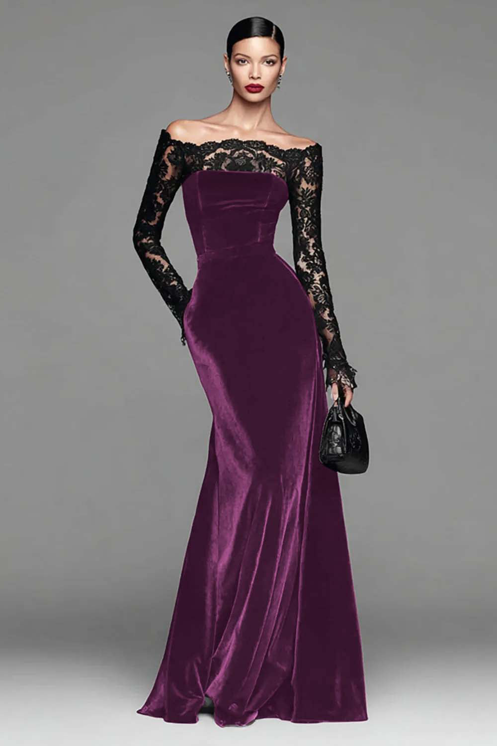 Berylove Women Burgundy Velvet Formal Dress Off The Shoulder Mermaid Evening Dress with Lace Long Sleeves, Plum / US8 Berylove Women Burgundy Velvet Formal Dress Off The Shoulder Mermaid Evening Dress with Lace Long Sleeves, Plum / US8