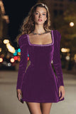 Black Long Sleeve Square Neck Velvet Cocktail Dress with Beading