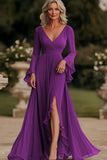 Dark Grey Wrap Long Sleeve Ruffled Chiffon Long Mother of the Bride Dress