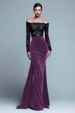 Black and Burgundy Off The Shoulder Mermaid Velvet Formal Dress With Slit