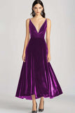 Velvet Beaded V Neck Tea-Length Burgundy Formal Dress