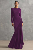 Black Pleated Mermaid Bateau Neck Formal Dress with Long Sleeves