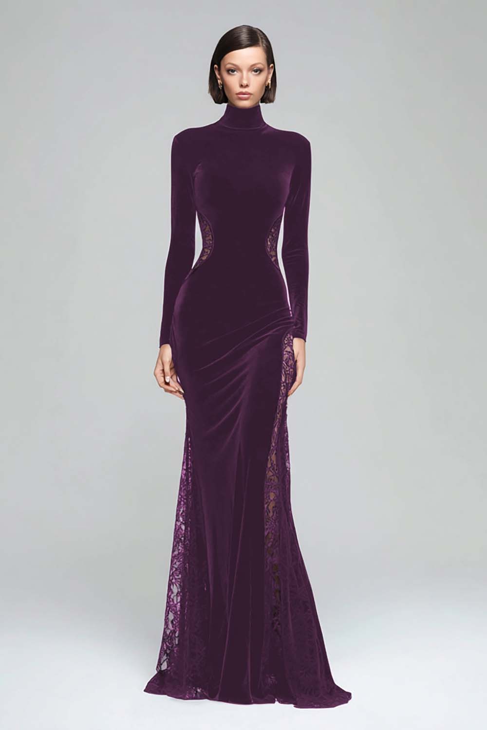 Berylove Women Mermaid Black Tie Dress Velvet High Neck Long Sleeve Maxi Evening Dress With Lace, Black / US16 Berylove Women Mermaid Black Tie Dress Velvet High Neck Long Sleeve Maxi Evening Dress With Lace, Black / US16