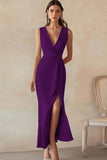 Blue Sheath V-Neck Formal Dress with Slit