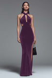 Dark Green Halter Mermaid Cut Out Velvet Formal Dress With Slit