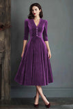 Burgundy Velvet A-Line V-Neck Midi Dress with Half Sleeves