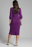 Navy V-Neck Sheath Midi Dress with 3/4 Sleeves