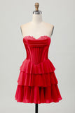 Fuchsia Corset Tiered A Line Strapless Homecoming Dress