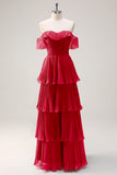 Eucalyptus Tiered A Line Pleated Off the Shoulder Bridesmaid Dress