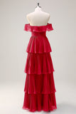 Eucalyptus Tiered A Line Pleated Off the Shoulder Bridesmaid Dress