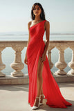 One Shoulder Ivory Ruched Engagement Dress with Slit