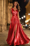 Gold A-Line V-Neck Pleated Formal Dress With Slit