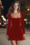 Black Long Sleeve Square Neck Velvet Cocktail Dress with Beading