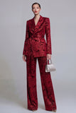 Jacquard Dark Green Notched Lapel 2 Piece Women Suits with Belt