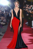 Mermaid Black&White Deep V Neck Long Gala Dress