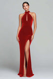 Burgundy Velvet Halter Mermaid Formal Dress With Slit