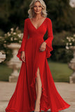 Dark Grey Wrap Long Sleeve Ruffled Chiffon Long Mother of the Bride Dress