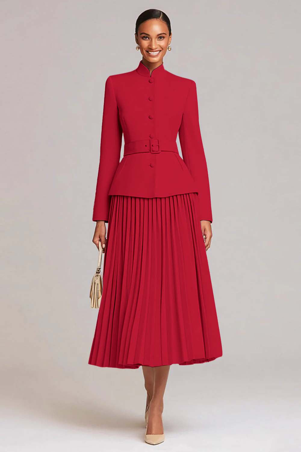 Berylove Women Light Pink 2 Piece Work Dress Pleated A-Line Single Breasted Business Casual Dress With Belt, Red / XL Berylove Women Light Pink 2 Piece Work Dress Pleated A-Line Single Breasted Business Casual Dress With Belt, Red / XL