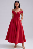 Off the Shoulder Ruched Satin Yellow A Line Maxi Dress