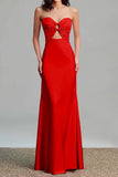 Pink Satin Strapless Cut Out Sheath Formal Dress
