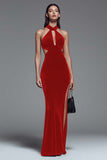 Dark Green Halter Mermaid Cut Out Velvet Formal Dress With Slit