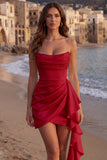 Strapless Ruched Mini White Dress with Ruffles