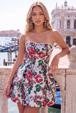Strapless Pink Floral A Line Homecoming Dress With Bow