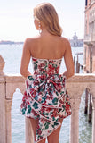 Strapless Pink Floral A Line Homecoming Dress With Bow
