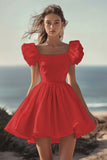 White Puff Sleeve A Line Satin Graduation Dress