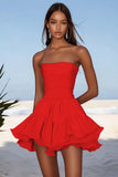 Strapless Blue A Line Ruched Graduation Dress