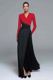 Black and White V-Neck Formal Dress with Long Sleeves