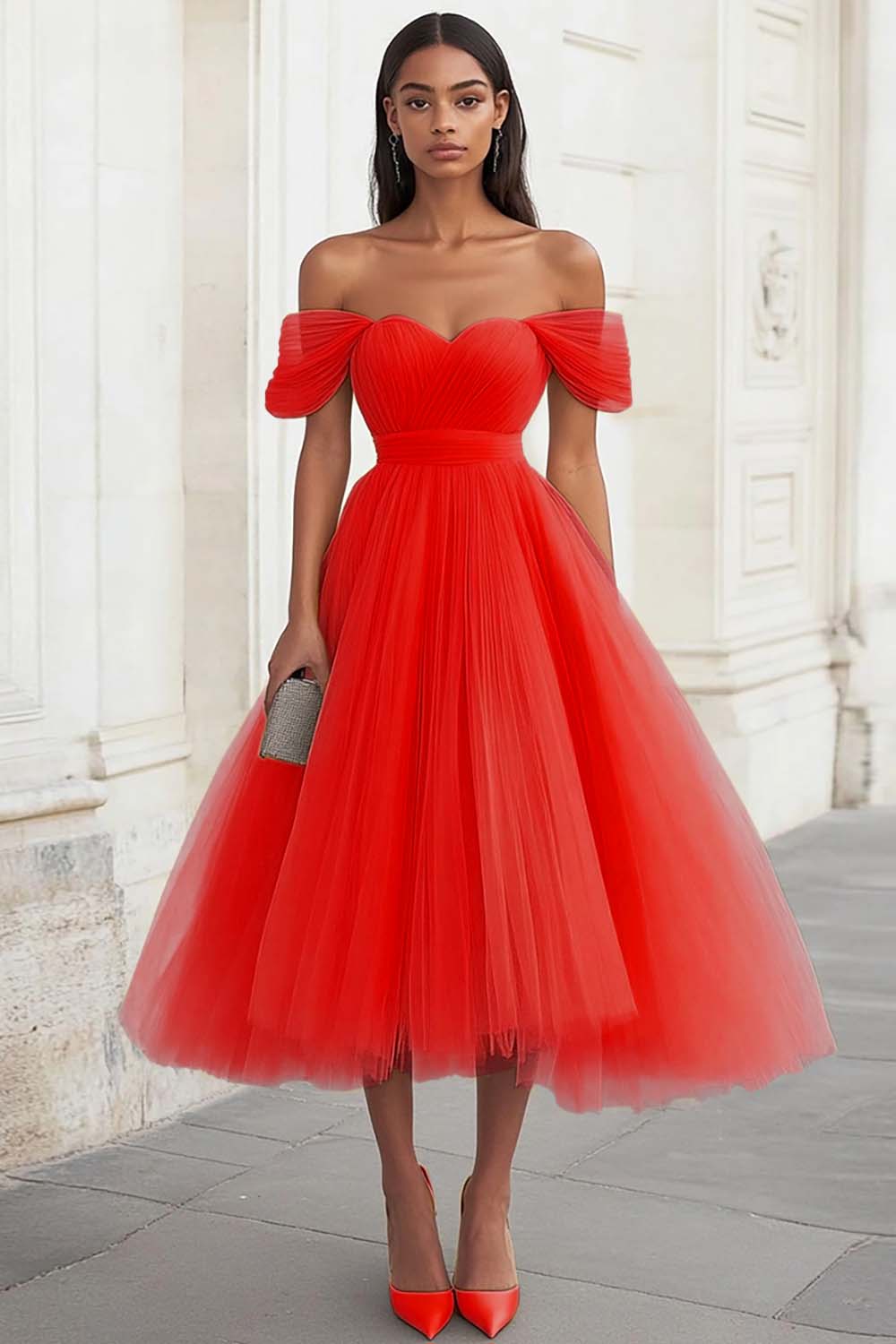 Berylove Women Off The Shoulder Yellow Wedding Guest Dress A Line Tulle Ruched Midi Party Dress
