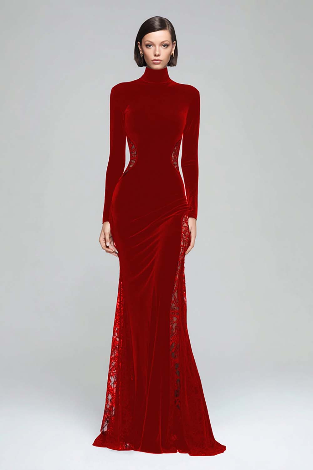 Berylove Women Mermaid Black Tie Dress Velvet High Neck Long Sleeve Maxi Evening Dress With Lace, Burgundy / US12 Berylove Women Mermaid Black Tie Dress Velvet High Neck Long Sleeve Maxi Evening Dress With Lace, Burgundy / US12