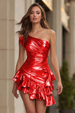 One Shoulder Ruched Metallic Gold Homecoming Dress With Ruffles
