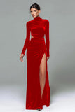 Black Velvet Cut Out High Neck Long Sleeve Formal Dress with Slit