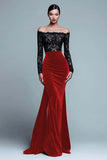 Black and Burgundy Off The Shoulder Mermaid Velvet Formal Dress With Slit
