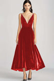 Velvet Beaded V Neck Tea-Length Burgundy Formal Dress