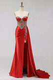 Sweetheart Mermaid Mint Green Beaded Satin Prom Dress With Slit