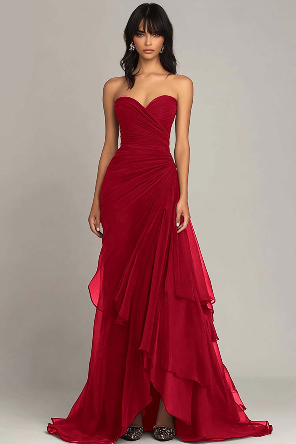 Berylove Women Elegant Sweetheart Ruffled Black Tie Dress Ruched Strapless Mermaid Black Dress