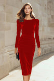Pencil Velvet Long Sleeve Dark Green Work Dress