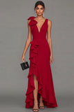 Black Bowed V Neck Maxi Formal Dress with Ruffles
