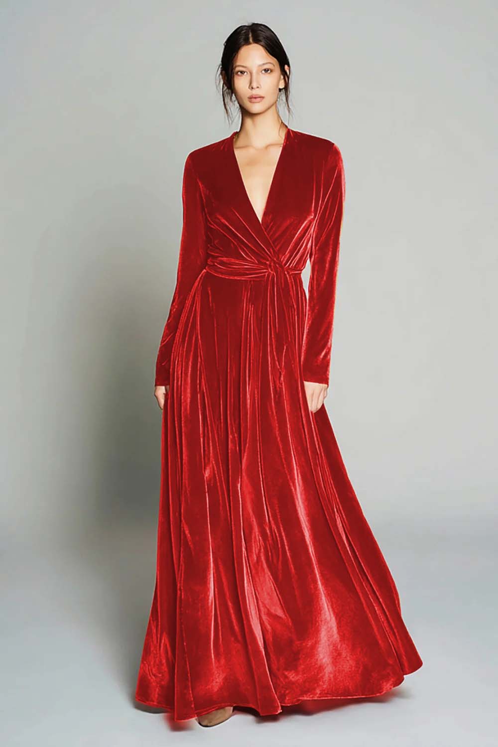 Berylove Women Brown Velvet Holiday Dress A-Line Long Sleeve V-Neck Formal Dress, Red / US2 Berylove Women Brown Velvet Holiday Dress A-Line Long Sleeve V-Neck Formal Dress, Red / US2