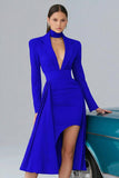 Black Notched Lapel Long Sleeve Semi-Formal Dress With Slit