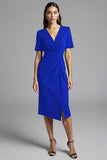 Ruched Navy Short Sleeve V-Neck Midi Dress